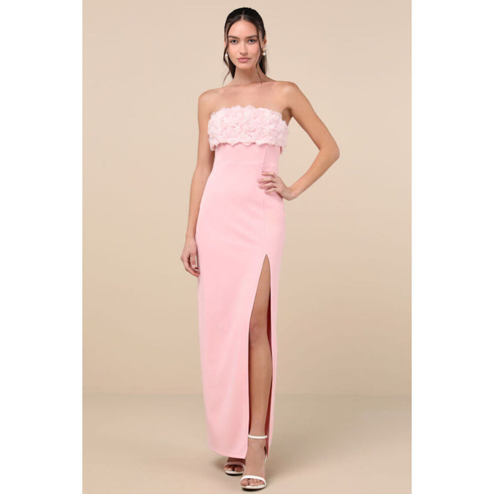 Lulus Fiore Light Pink 3d Rosette Strapless Maxi Dress - Size L
